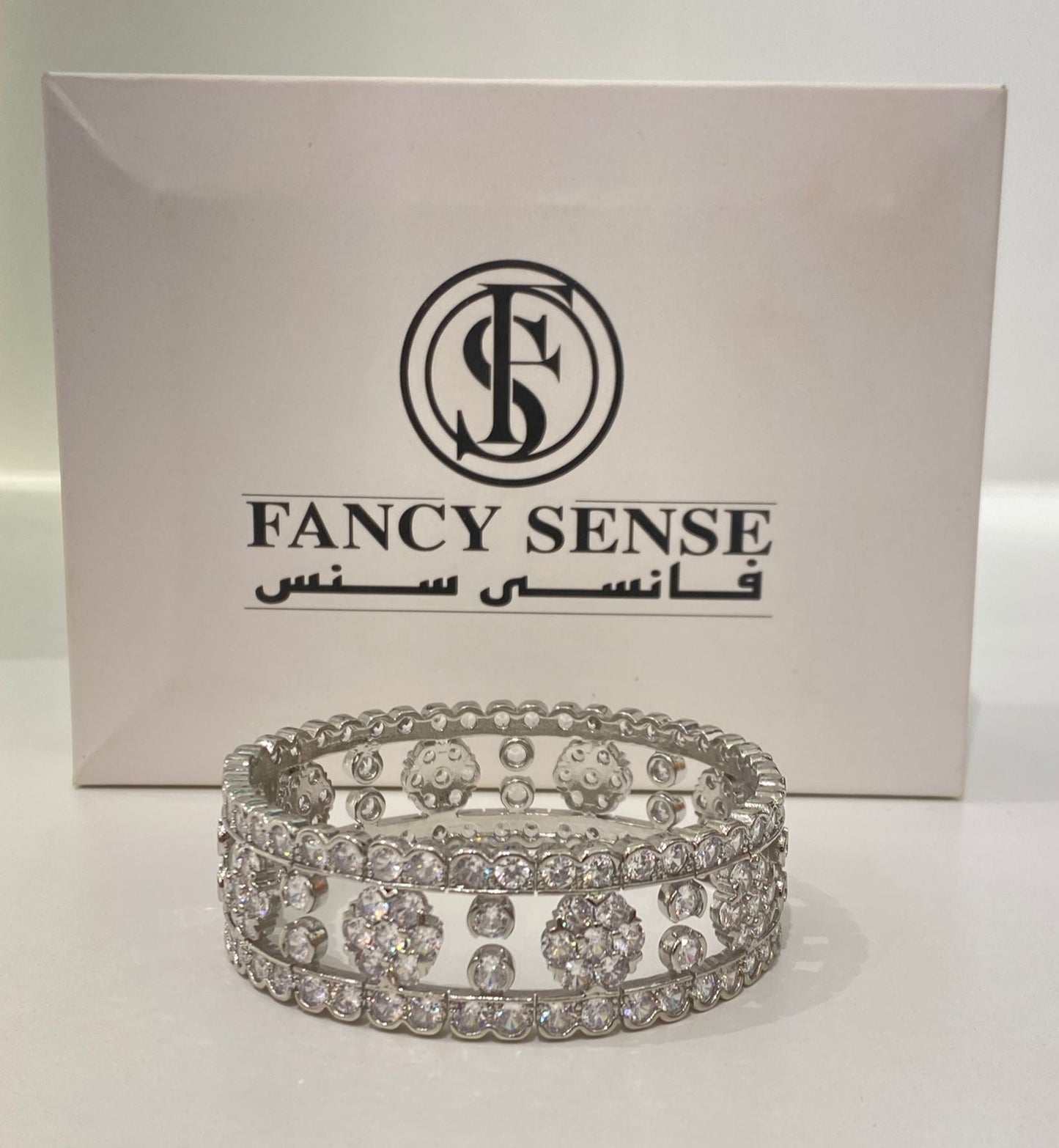 Crystal Wide Silver Bangle Bracelet