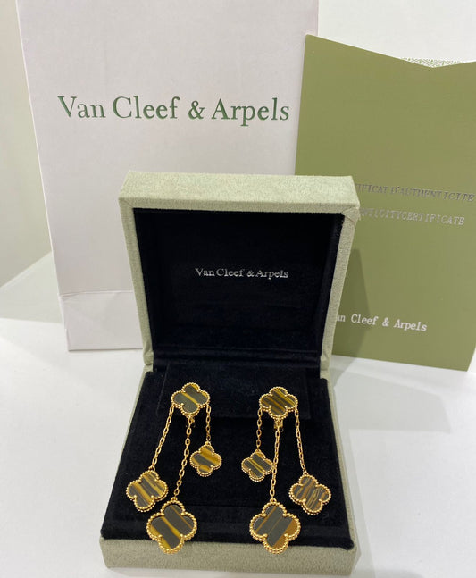 Van Cleef & Arpels Inspired Tiger Eye Clover Drop Earrings
