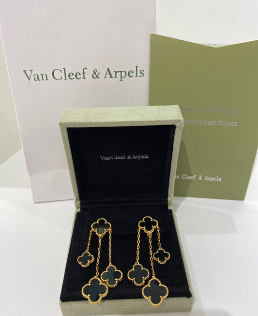 Van Cleef & Arpels Inspired Black Onyx Clover Drop Earrings