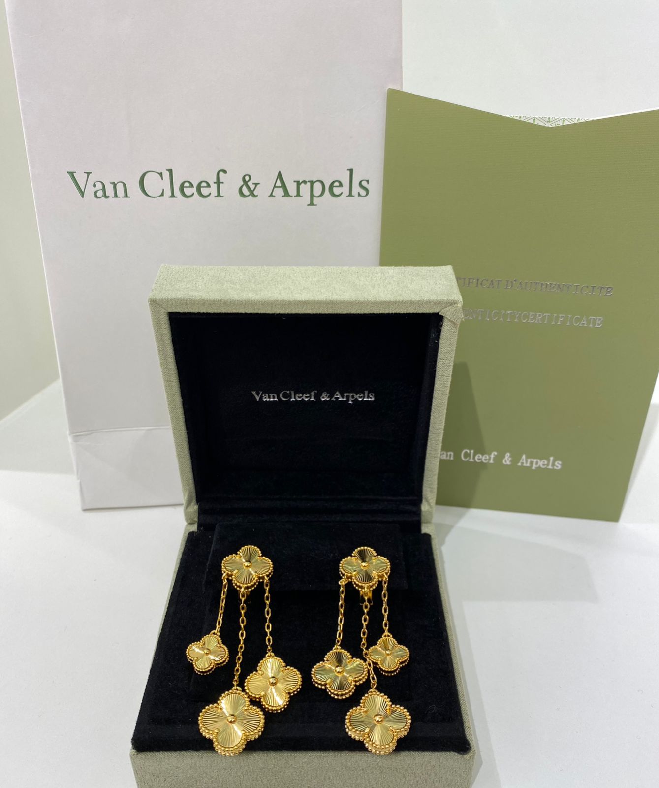 Van Cleef & Arpels Inspired Engraved Gold Clover Drop Earrings