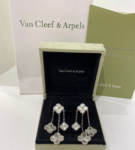 Van Cleef & Arpels Inspired Silver Engraved Clover Drop Earrings